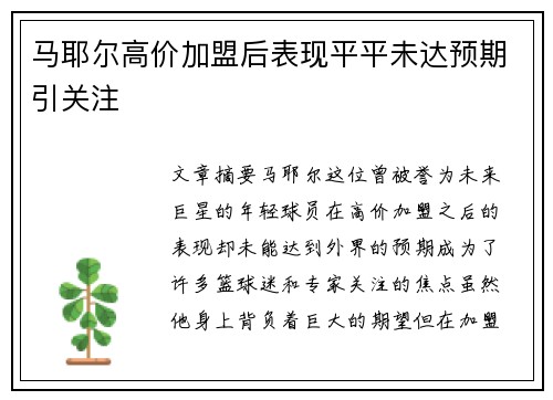 马耶尔高价加盟后表现平平未达预期引关注